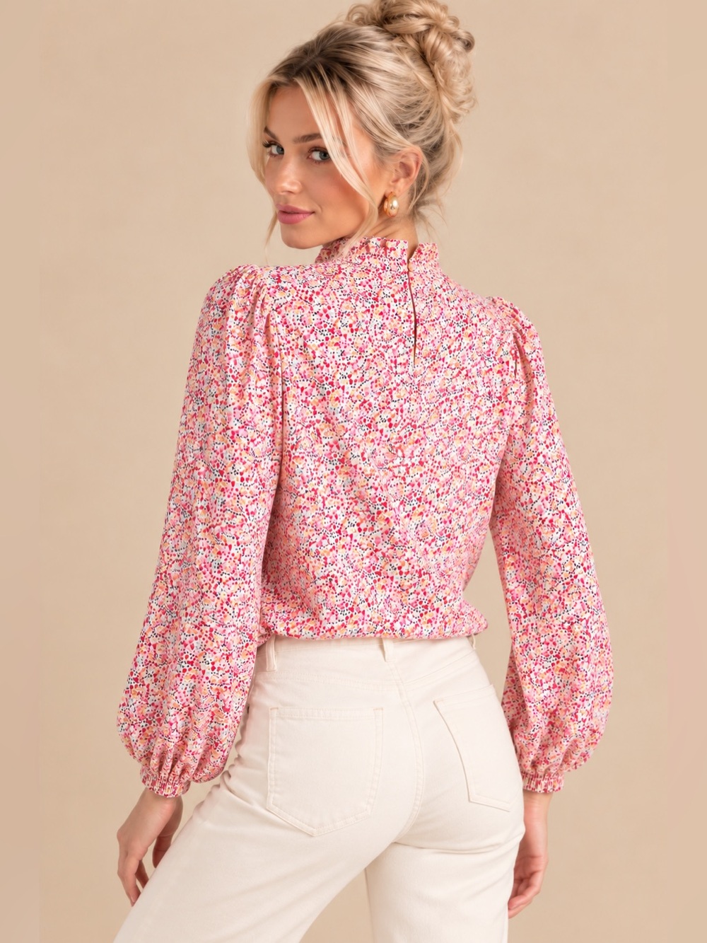 J. Crew Liberty Ditsy Floral Ruffle Stand Collar Blouse Pink Long Sleeve Top - Picture 3 of 9